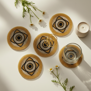 2026 Handcrafted Beaded Coaster in Gold Black Geometric Round Design Eco-Friendly 100mm Diameter for Decorative Table Protection - Product Image 1