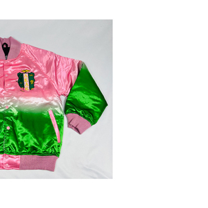 Chaqueta Bomber Ombre Unisex con Logotipo Frontal Bordado con Letras Griegas, Degradado Rosa Verde, Chaqueta de Invierno Estilo Urbano, Poliéster/Nailon - Product Image 3
