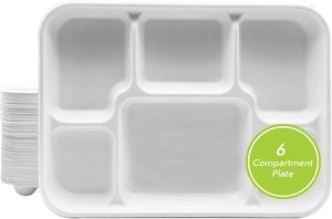 Plateau repas rectangulaire en bagasse robuste à 6 compartiments pour la vente en gros |   Fibres de canne à sucre biodégradables écologiques jetables pour le camping - Product Image 5