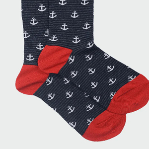 <b>Men's</b> Navy Crew <b>Socks</b> With <b>White</b> Anchor Print Red Toe And Heel Knitted Breathable Daily Wear Spring Season Standard Thickness - Product Image 6