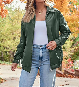 Chaqueta de Cuero Verde para Mujer, Estilo Bomber Oversize, Cuello Camisero, Cierre de Cremallera, Dobladillo Elástico, Ajuste Holgado, Ropa Exterior Informal Personalizada - Product Image 2