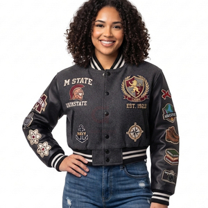 Veste universitaire personnalisée pour femme en cuir véritable, coupe courte, style Letterman, veste bomber de baseball, logo brodé vintage, style universitaire américain - Product Image 6