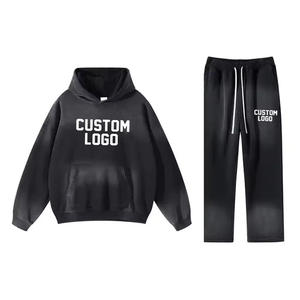 Conjunto de Sudadera con Capucha Negra y Pantalones Deportivos para Hombre, con Logotipo Personalizado, Estilo Casual Holgado para Otoño - Product Image 1