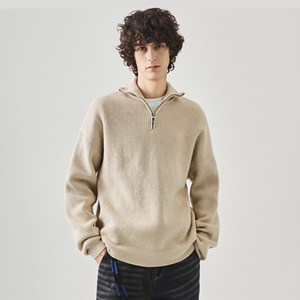 <b>Men's</b> Beige Mandarin Collar Ribbed Knit Cardigan Full Sleeve Solid Color Anti-Pilling Winter Wear - Product Image 3