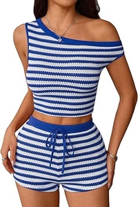 Women's Striped Knitted Crop <b>Top</b> And Shorts Set Off Shoulder Sleeveless Drawstring Waist Blue White Two Piece Outfit - Product Image 4
