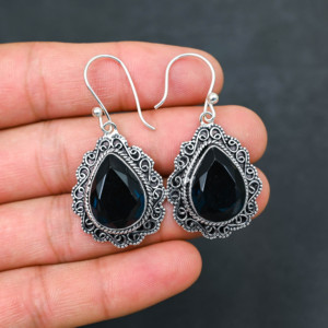 Boucles d'oreilles personnalisées en topaze bleue de Londres créée en laboratoire, en argent sterling 925, 1,9 pouce, bijoux en pierres précieuses faits à la main, boucles d'oreilles fines antiques, cadeau - Product Image 2