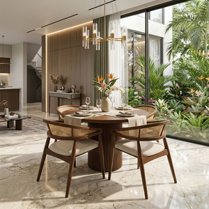 Elegant Solid Teak Contemporary Export Dining <b>Table</b> Set <b>Walnut</b> Finish Round Cane Dining Chair for Restaurant and Villa Furniture - Product Image 5