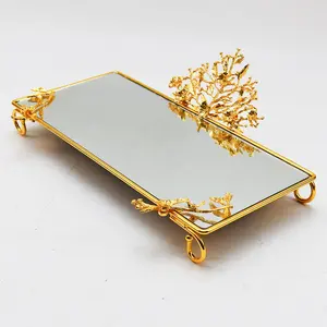 Exquisite Reusable Design Wedding Holiday Jewelry Ornaments Cosmetic Metal Rectangle Mirror Display Tray