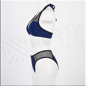 Women's Navy <b>Blue</b> Halter <b>Bikini</b> <b>Set</b> With Mesh Panels And Contrast Binding Regular Fit Two Piece Swimwear - Product Image 3