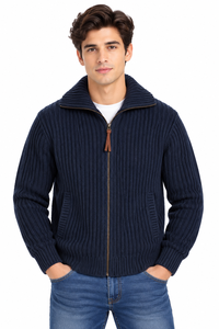 Livster <b>Mens</b> Navy Blue Knitted Full Zip Sweater <b>Jacket</b> With High Ribbed Collar Full Sleeve Winter Pullover Textured Knit Design - Product Image 1