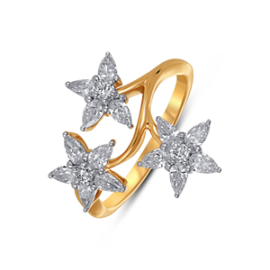 Bague Triple Fleur en Diamant en Or Jaune Premium avec Diamants Taillés Marquise et Rond Brillant - Product Image 1