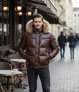 Unisex Brown Leather Puffer Jacket Genuine Leather Spring Bomber Streetwear Zipper Solid OEM Service - Product Image 3