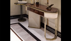 Juego de Comedor Moderno de Lujo en Madera de Teca Sólida, Contemporáneo, 6 Sillas, Pedestal Dorado con Acabado Brillante, Muebles para Comedor, Villa u Hotel - Product Image 5