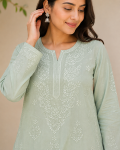 Trending Sage Green Hand <b>Embroidered</b> Lucknowi Chikankari Straight Kurti - Elegant Cotton Ethnic <b>Tunic</b> Top for Women - Product Image 1