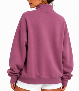 Sudadera de forro polar para mujer, oversize, con media cremallera, manga larga, color liso, hombros caídos, dobladillo asimétrico y cuello con capucha, para invierno - Product Image 3