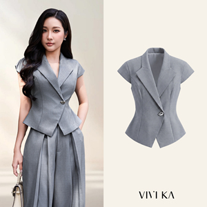 Chaleco Elegante Gris para Mujer con Solapa Entallada, Manga Casquillo, Lazos en la Espalda y Peplum, Estilo Oficina/Negocios NERINA (ODM/OEM) - Product Image 1