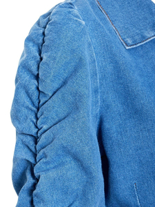 Women Light Blue <b>Cropped</b> <b>Denim</b> <b>Jacket</b> Ruched Long Sleeve Button Front Slim Fit Casual Fashion Outerwear - Product Image 6