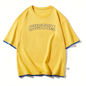 Camiseta de hombre estilo hip hop con bordado amarillo, corte regular, cuello redondo, algodón, doble capa, manga corta - Product Image 3