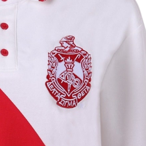 Custom DST Sorority <b>Polo</b> <b>Shirt</b> <b>Women</b> Diagonal Color Block White Red Embroidered Crest <b>Polo</b> <b>Shirt</b> - Product Image 3