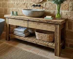 Meuble-lavabo en bois massif finition naturelle avec tiroir et étagère de rangement pour villa et appartement - Product Image 2