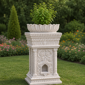 Premium Handcrafted Marble <b>Rectangle</b> Tulsi Pot Stand for Home Temple Garden Balcony Decorative Sacred Tulsi <b>Planter</b> Carved - Product Image 4
