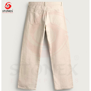 Jean en denim beige crème pour homme, coupe droite classique, pantalon décontracté en coton, mode minimaliste, vente en gros personnalisée - Product Image 4