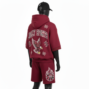 Ensemble sweat à capuche et short en molleton de coton de haute qualité pour homme, 320 GSM, bordeaux, streetwear, avec empiècements en mesh et logo imprimé. - Product Image 5