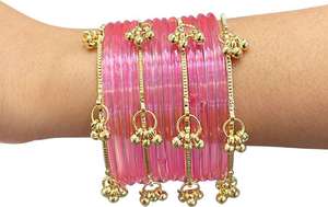 Trendy Kashmiri Glass <b>Bangles</b> 16-Piece Pink Transparent Set Golden Ghungroo Traditional Handmade Bridal Fashion Jewelry Third - Product Image 4