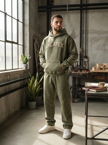 Conjunto de Sudadera con Capucha y Pantalones Deportivos para Hombre, Color Verde Oliva, Estilo Oversize, Lavado Ácido, Algodón Grueso, Ropa Deportiva Urbana, Marca Privada Personalizada - Product Image 5