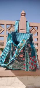 Sac fourre-tout en coton matelassé patchwork floral turquoise bohème pour femme, bleu-vert, sac à bandoulière, sac de shopping tendance, vente en gros - Product Image 6