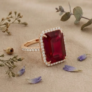 Emerald Cut Ruby Moissanite Halo Engagement <b>Ring</b> Rose Gold Vintage Bridal <b>Ring</b> Luxury <b>Statement</b> <b>Ring</b> - Product Image 4