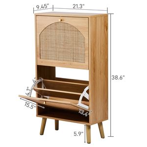 Scarpiera a 2 livelli inclinabile salvaspazio per ingresso con superficie in rattan arcuato, MDF Triamine 54*24*98cm, colore legno naturale - Product Image 5