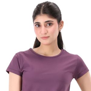 Camiseta Morada de Manga Corta para Mujer, Cuello Redondo, Ajustada, Informal, Básica, Lisa, de Color Sólido, para Uso Diario, Verano, Personalizable, Venta al Por Mayor - Product Image 2