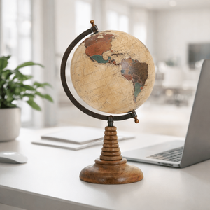 Globo Terráqueo de Madera Natural con Diseño Antiguo y Marco Metálico |   Decoración de Escritorio Educativa de Geografía para el Hogar, Oficina y Escuela - Product Image 3