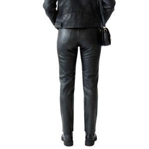 Pantalon en cuir anti-rides pour femme, sur mesure, taille haute, coupe droite, fermeture éclair, style décontracté, couleur noire - Product Image 2