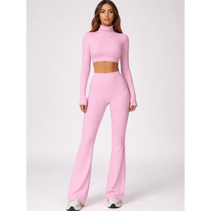 Pink Yoga Set 2 Piece Crop and Flared Pants <b>Long</b> <b>Sleeve</b> <b>Workout</b> Outfit Women Gym Wear - Product Image 4
