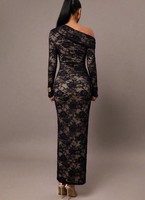 Robe longue asymétrique en dentelle pour femme, à manches longues, froncée, moulante, pour soirée, vente en gros, personnalisable
