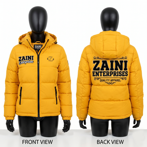 Chaqueta Acolchada para Mujer, 100% Poliéster, 120 GSM, Tejido Resistente al Agua, Diseño de Paneles Acolchados Amarillos, Personalizable OEM ODM, Marca Privada - Product Image 1