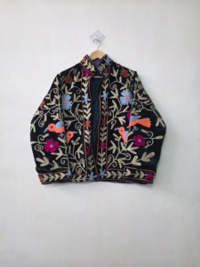 Handcrafted <b>Velvet</b> Quilted <b>Jacket</b> Artisanal Brown Winter Intricate Floral Embroidery Striped Cuffs Classic Breathable - Product Image 1
