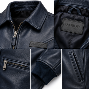 Blouson aviateur Darkry personnalisé pour homme en cuir véritable bleu marine, avec ourlet côtelé et col rabattable, manteau d'hiver style motard, vente en gros - Product Image 6