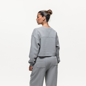 Sudadera Corta Oversize para Mujer, Cuello Redondo, Color Gris Sólido, Hombros Caídos, Felpa, Ropa Casual de Otoño - Product Image 2