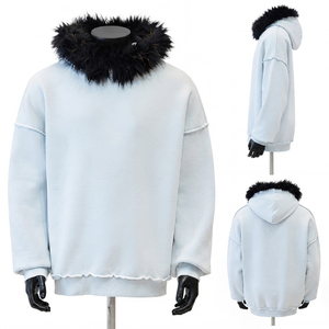 Sweat-shirt à capuche en molleton bleu clair pour homme, coupe ample, couleur unie, hiver, décontracté, tricoté, manches longues, avec col en fourrure noire - Product Image 5