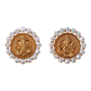 Ganesha Charm Stud Earrings-Gold Plated Alloy with Zircon Opal Pearl & Diamond - Product Image 1