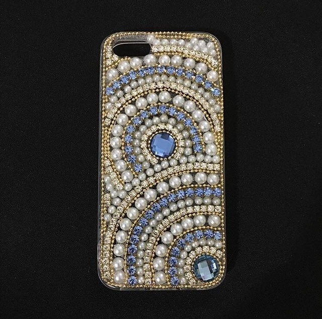 Trendy Pearl Phone Case Blue Gemstone Decoration Cover Stylish Fashion Accessories Unique Designer Accessories Glam Fashion Use
