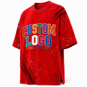 T-shirt surdimensionné pour homme avec logo personnalisé brodé, imprimé graphique effet éclaboussures rouges, 100% coton, style streetwear hip-hop décontracté - Product Image 4