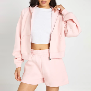 Ensemble décontracté 2 pièces tendance pour femme, coupe ample, à manches longues et à capuche, motif uni, nouvelle collection printemps, sweat à capuche zippé et short pour femme - Product Image 5