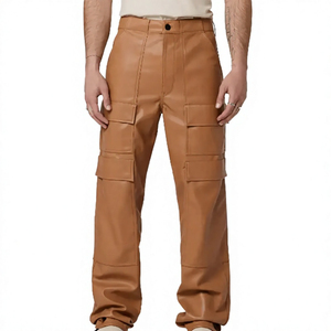 Pantalon cargo pour homme en PU enduit, taille haute, coupe droite, plusieurs poches, style workwear, vêtements d'automne - Product Image 5