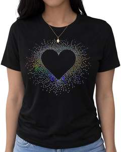 T-shirt en coton noir pour femmes avec motif cœur en strass, manches courtes, décontracté, tendance, impression de logo personnalisé, tee-shirt d'été pour femmes - Product Image 1