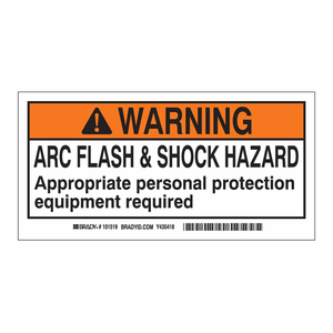 Etiquetas de advertencia de arco eléctrico y riesgo de descarga Brady, autoadhesivas, duraderas, impermeables, con impresión a color para equipos eléctricos - Product Image 1