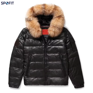 Genuine Leather PU Puffer Jacket With <b>Fur</b> <b>Hood</b> Windproof Down Filled Winter <b>Coat</b> Casual Style Regular Fit - Product Image 1